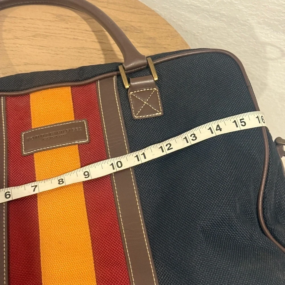 Tommy Hilfiger Vinatge Navy Blue Duffel Bag with Red and Yellow Stripes